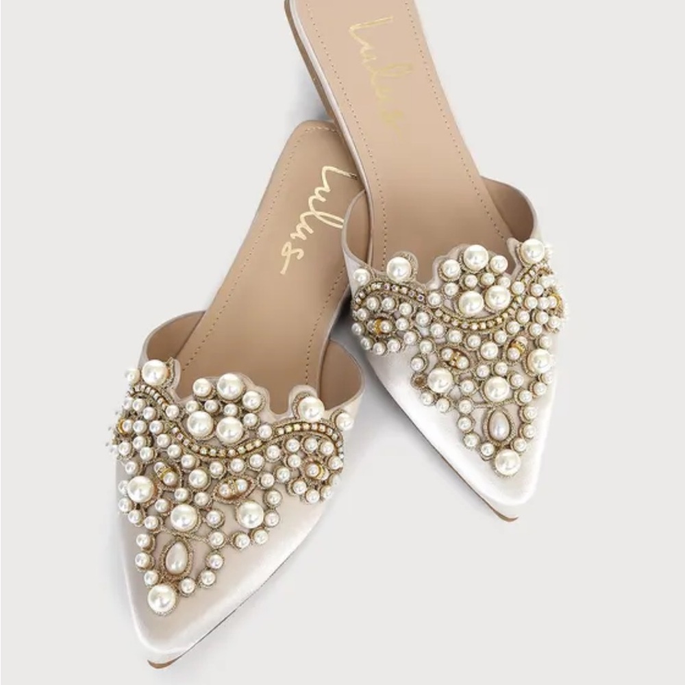 Lulu's Ivory Pearl & Bead Pointed Toe Slip-On Mules